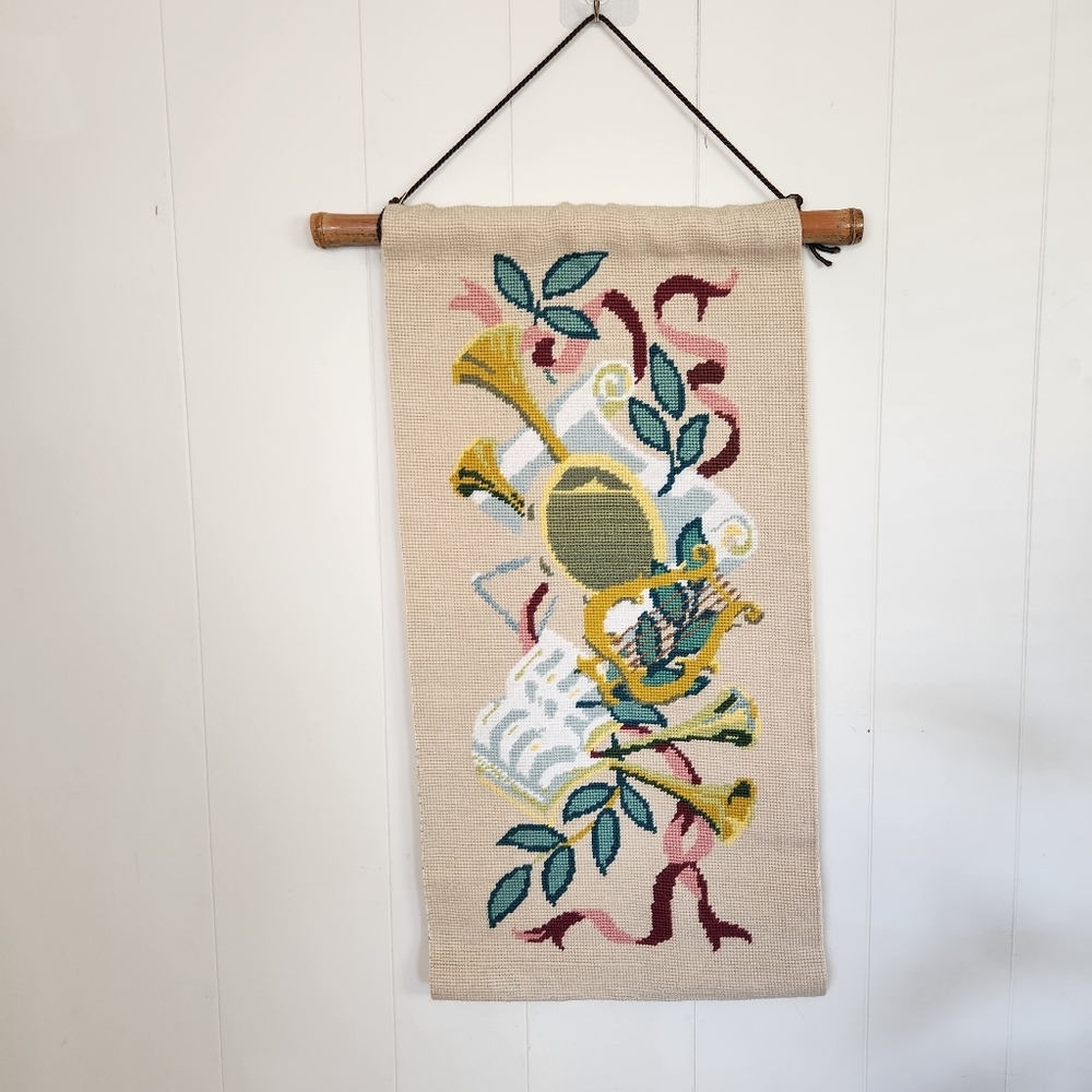 Vintage 70s Crewel Tapestry Music Harp Boho Home Decor Bohemian Wall Hanging